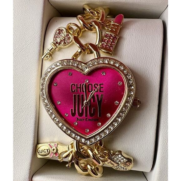 NIB JUICY COUTURE Gold Pink Rhinestone Heart Watch Charm Bracelet Crest Key GIFT - Picture 2 of 16
